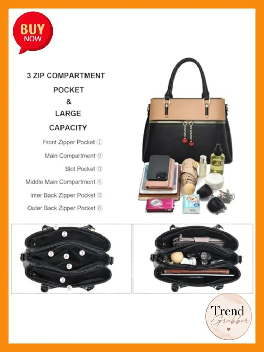 Dual-tone Tote Satchel with 3 Zip Compartments, Faux Leather
